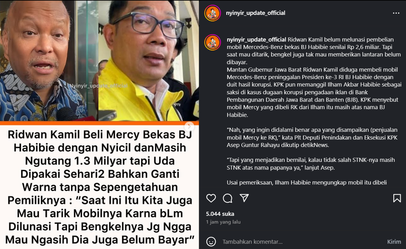 Ridwan Kamil utang Rp1,3 miliar (Instagram)